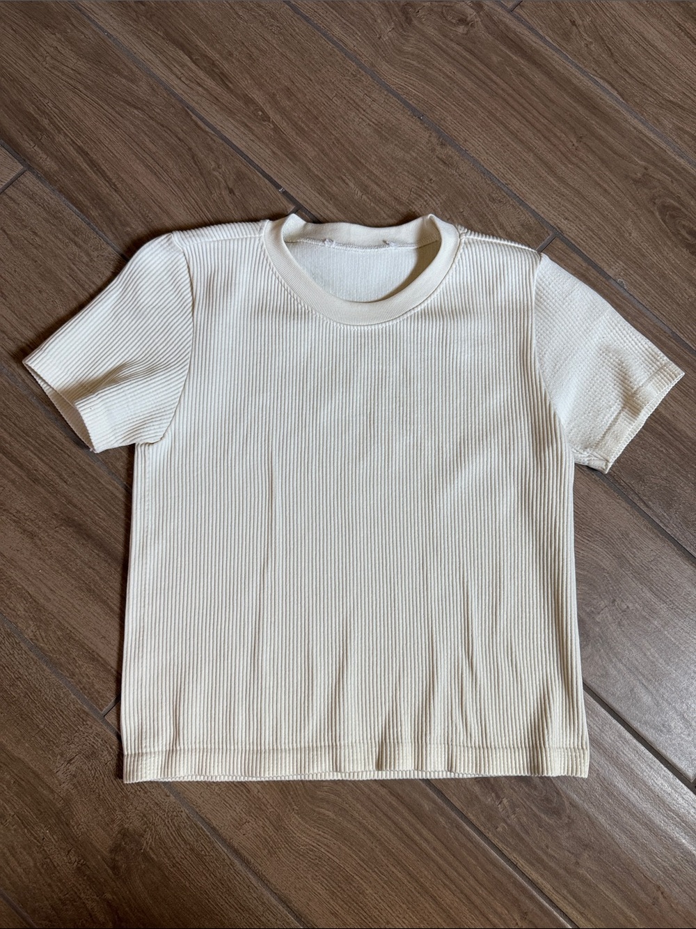 Cream Ribbed Short Sleeve Tee for Women
